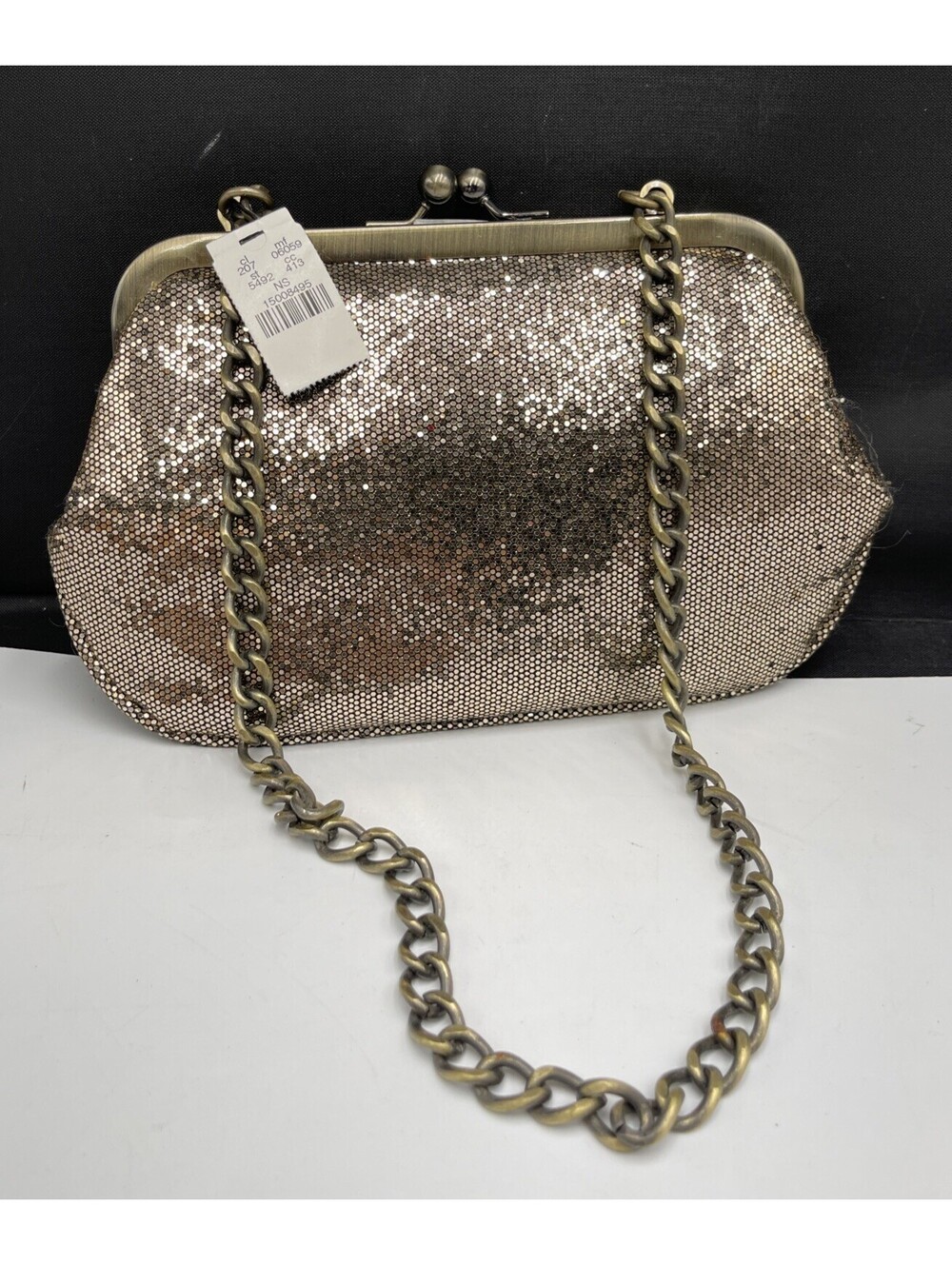 NWT Express Gold Mesh Kiss Lock Evening Bag Metallic Chain Strap Clutch Purse